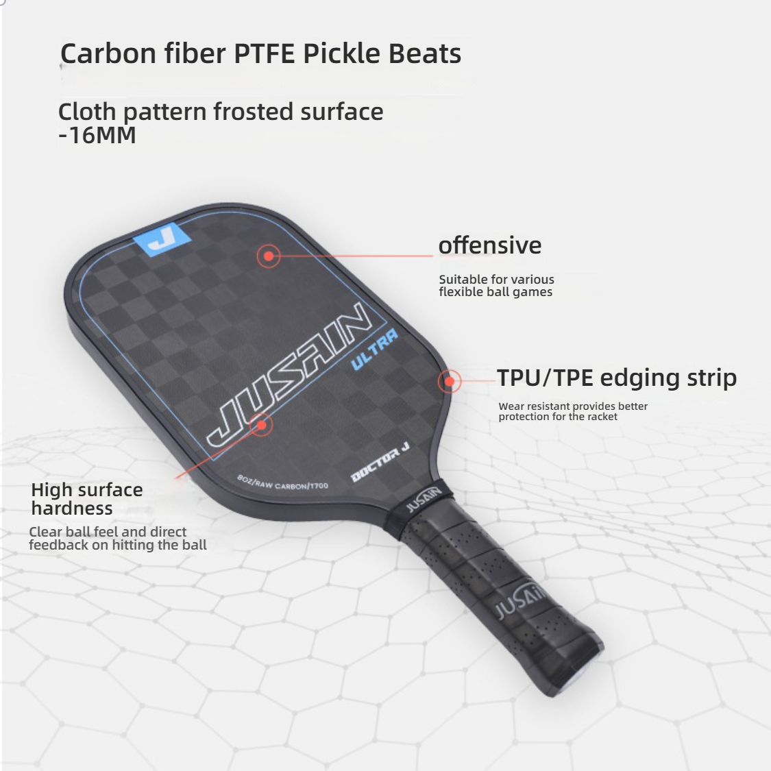 Features diagram of the JUSAIN ULTRA 16mm paddle, re-emphasizing the offensive nature, TPU/TPE edging strip, and clear hitting feedback from high surface hardness. Suitable for users looking for where can i buy pickleball paddles.
