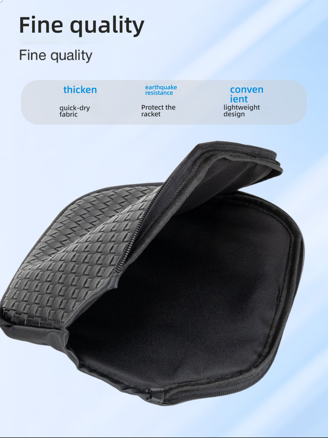 Open view of the woven paddle cover showing the thick, shock-resistant lining. Protects the best paddle for pickleball.