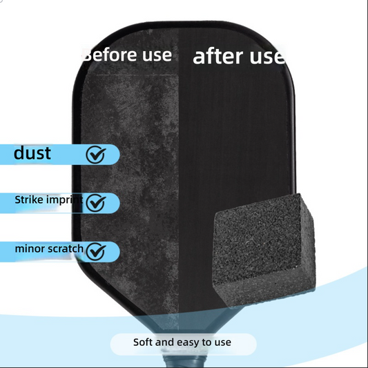 Before/After comparison showing the eraser removing dust, strike imprints, and minor scratches from a paddle face.