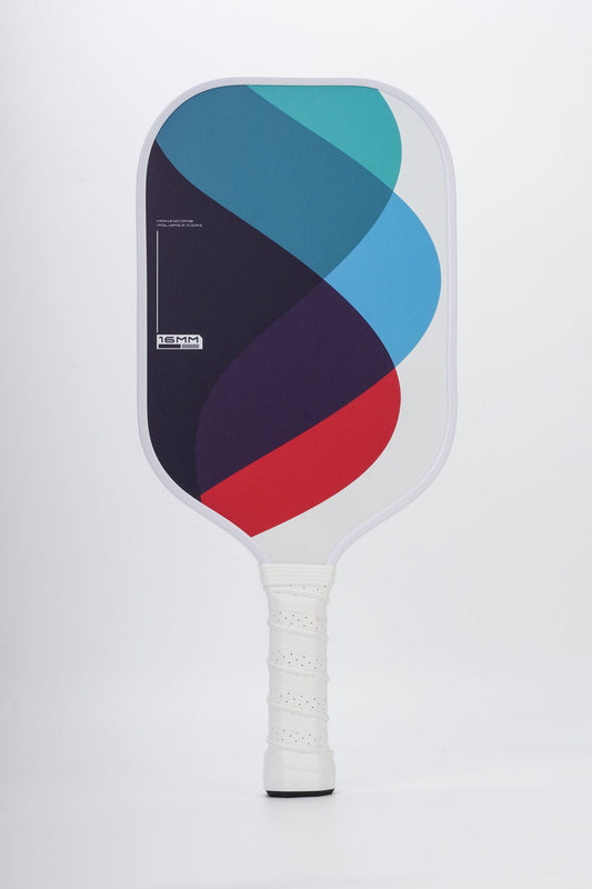 Geometric abstract Xephira fiberglass pickleball paddle with blue, red, and purple curved color blocks, with the 16mm thickness clearly visible. A high-quality choice for players wondering where to buy a pickleball paddle.