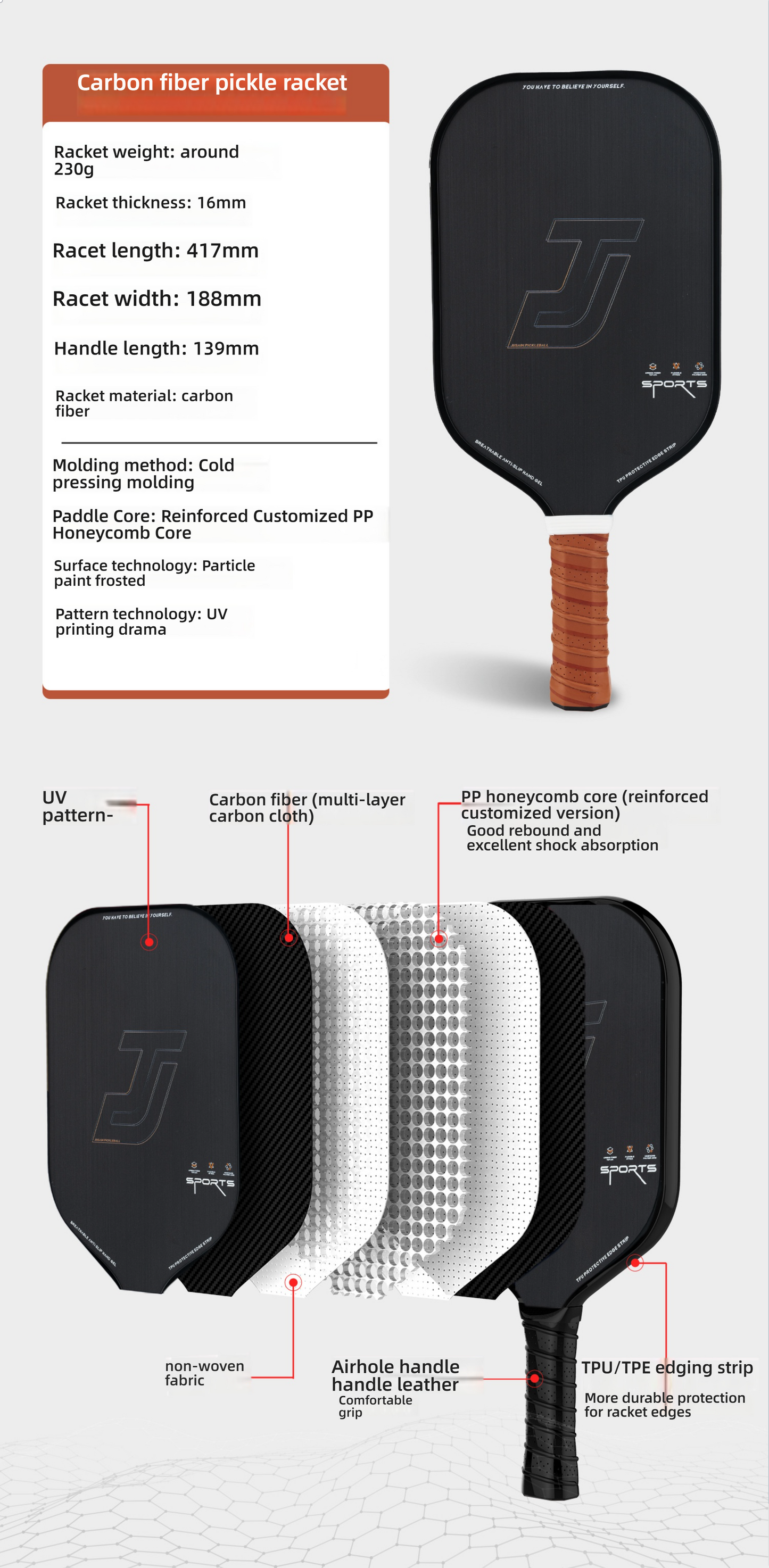 Complete specifications and structure of a black carbon fiber pickleball paddle: 230g weight, 16mm thickness, cold press molding, and particle paint frosted surface. Provides detailed specifications.