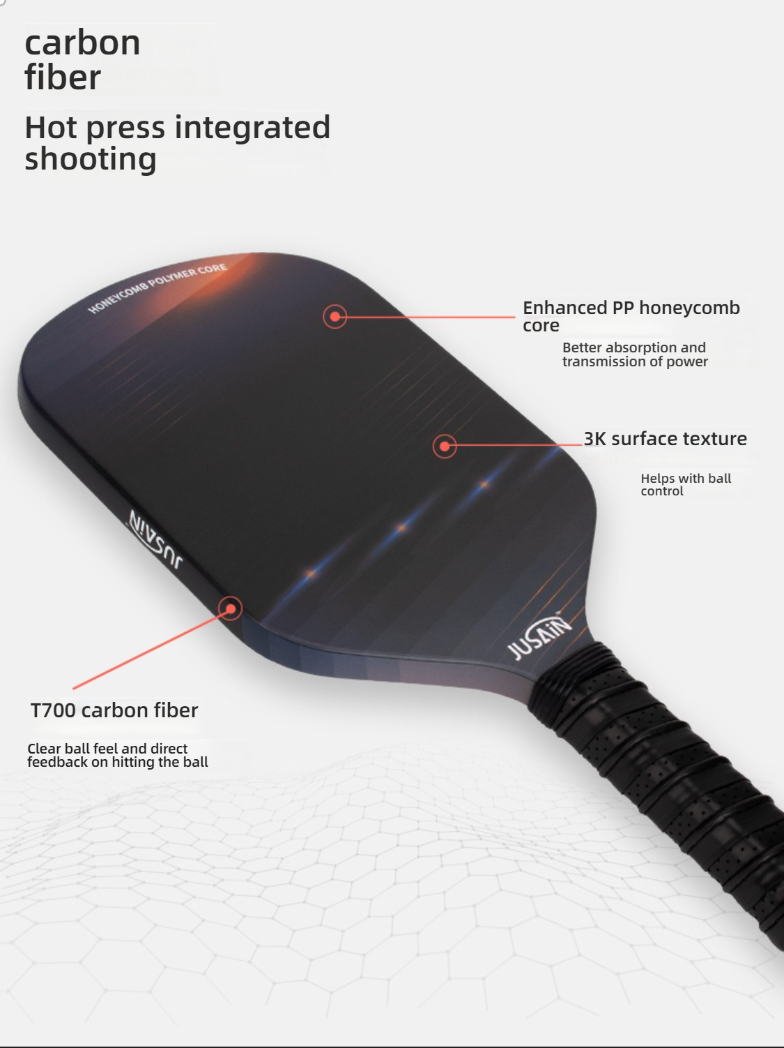 Close-up of the 3K surface texture on the Xephira paddle for enhanced ball control. When considering what is the best pickleball paddle for beginners, tactile feedback is vital. This shows the detail of what material is best for pickleball paddles.