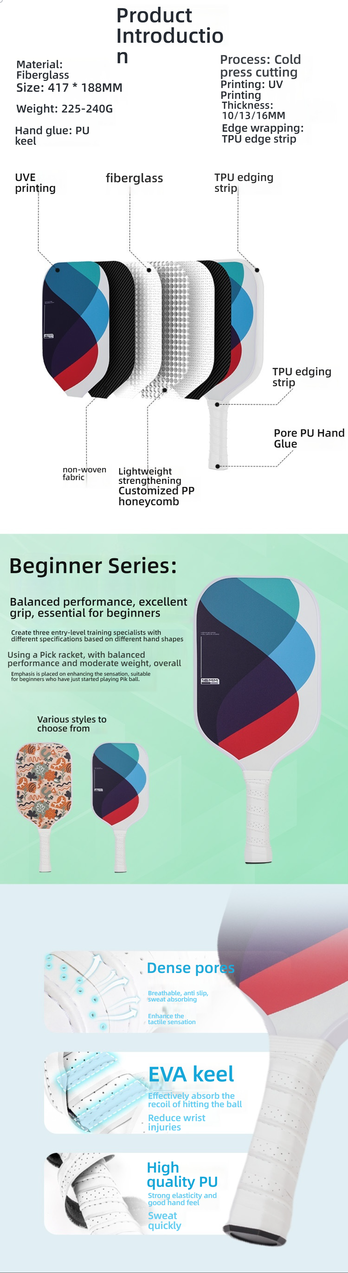 Product detail image introducing the pickleball paddle material and Beginner Series. Structure includes fiberglass, PP honeycomb core, TPU edge strip, and a handle with EVA keel and high-quality PU. It emphasizes balanced performance, essential for beginners. Core keywords: what is the best pickleball paddle for beginners, which pickleball paddle to buy, fiberglass, EVA keel, beginner.