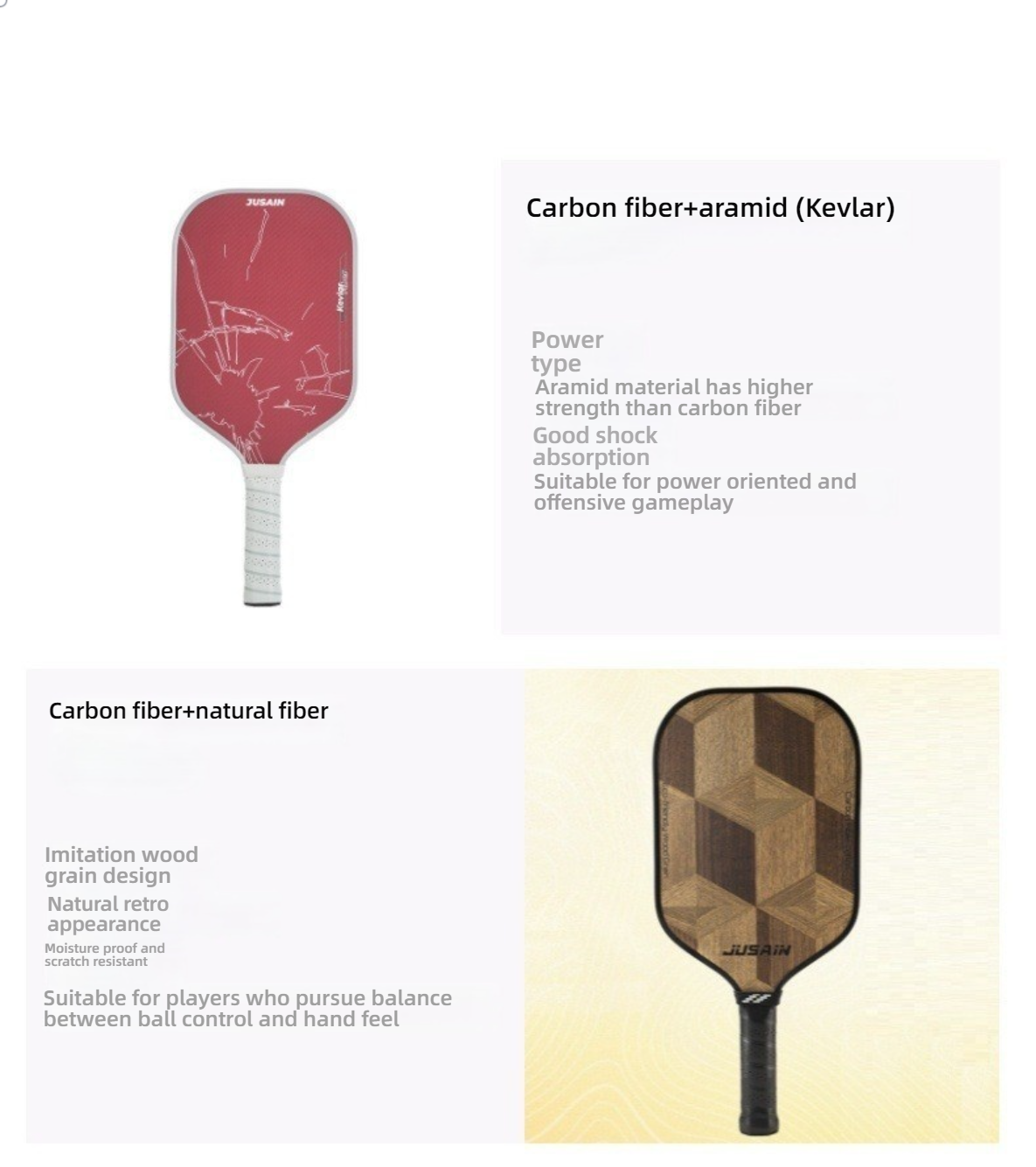 Comparison of carbon fiber and wood grain designs; where to get pickleball paddles.