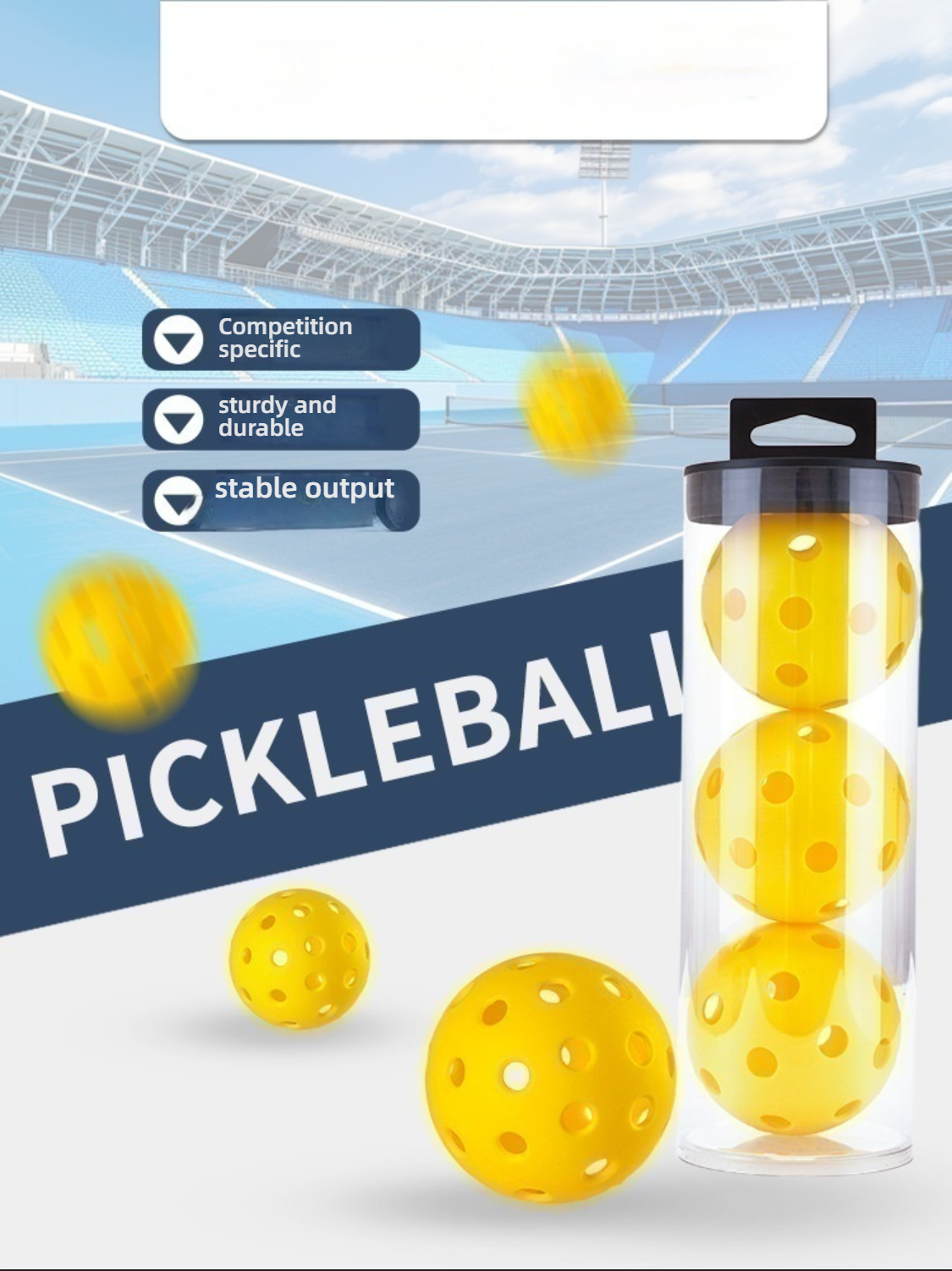 Close-up of the yellow 40-hole outdoor pickleballs in the tube, showing the 74mm diameter and 25g weight.