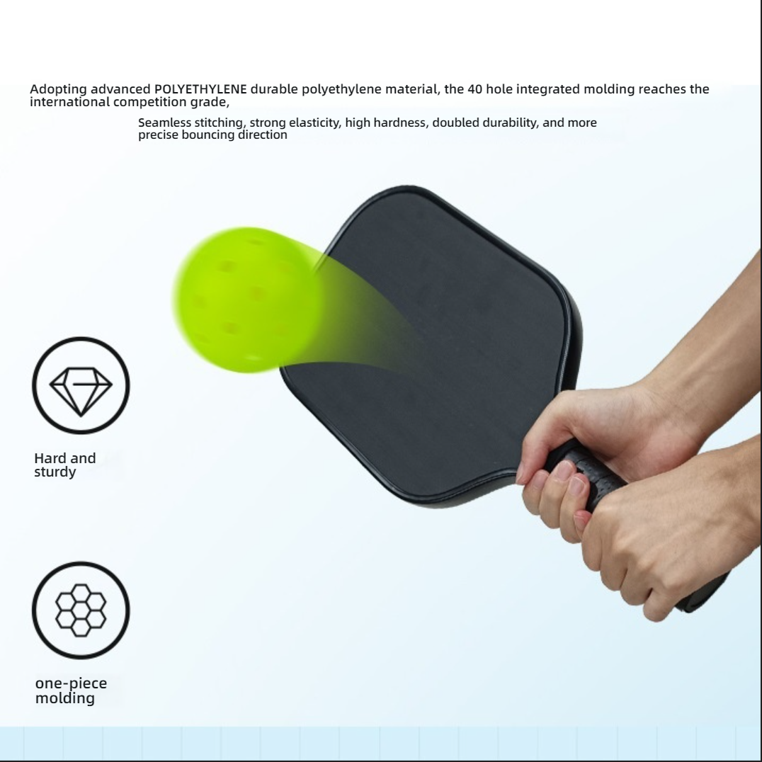 Graphic showing PE competitive ball features: hard, sturdy, one-piece molding, being hit by a paddle. The best paddle for pickleball needs a sturdy ball.