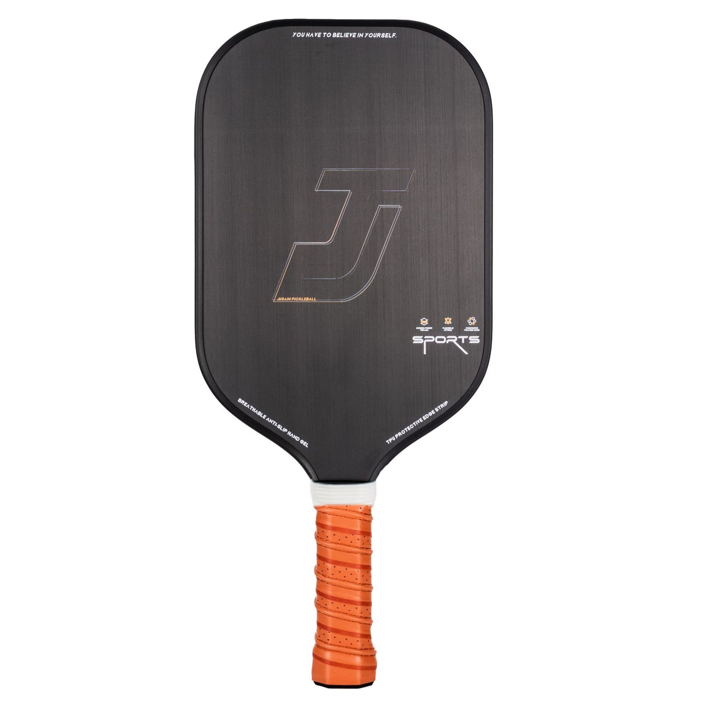 Carbon Fiber Pickleball Paddle Appearance with a black face, black TPU edging strip, and orange breathable anti-slip grip. The brand logo and "SPORTS" are on the paddle face. This which pickleball paddle is best for me design is sleek, with a 16mm thickness. This is a classic color choice for those looking for where to buy a pickleball paddle.