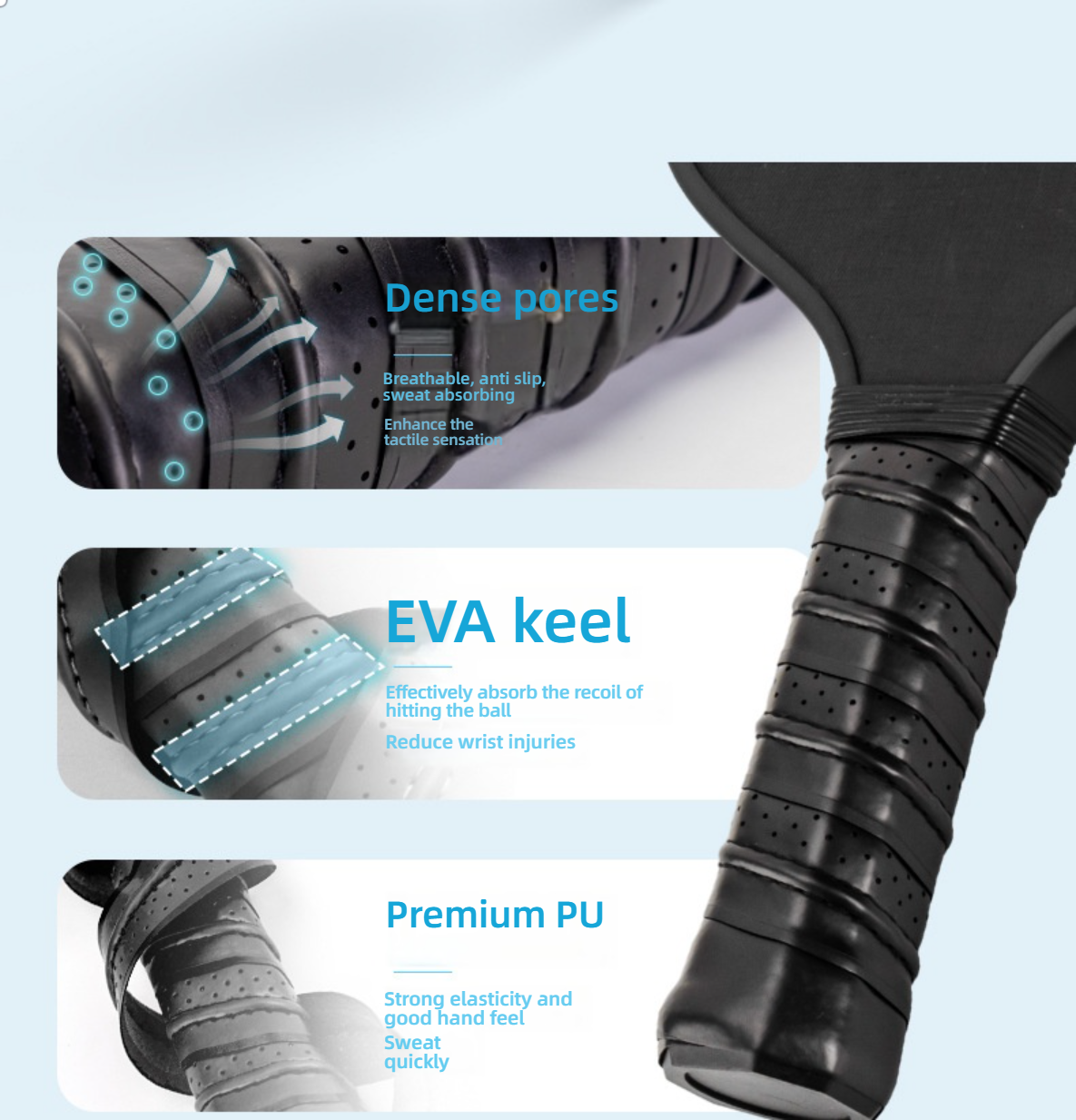 Pickleball Paddle Handle Details showing the PU Hand Tape features, including dense pores (breathable, anti-slip, sweat absorbing) and EVA keel. The EVA keel effectively absorbs the recoil of hitting the ball and reduces wrist injuries (USP), offering strong elasticity and a good feel from the premium PU. This is crucial for beginners choosing what is a good pickleball paddle for beginners, particularly concerning how to hold a pickleball paddle.