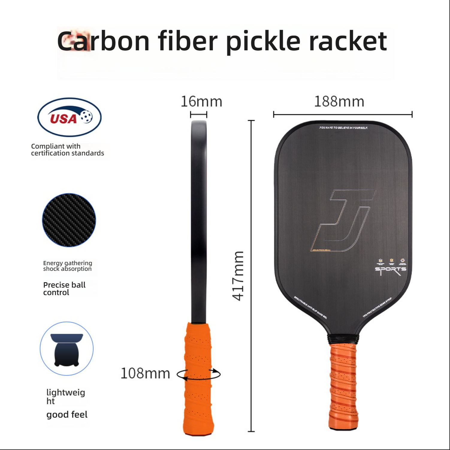 Carbon Fiber Pickleball Paddle Specifications and Dimensions showing the detailed measurements: total length 417mm, face width 188mm, handle length 108mm, and thickness 16mm. Highlights that it is Compliant with USA certification standards and features energy gathering shock absorption and precise ball control. This helps users understand the specs of what is the best paddle for pickleball.