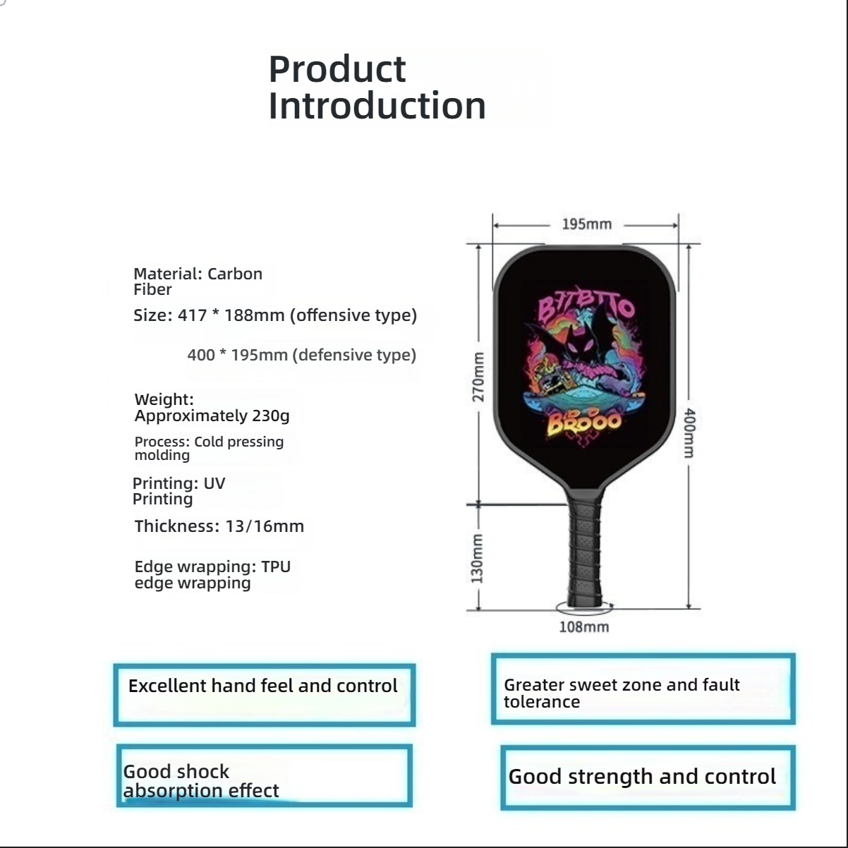 Pickleball paddle specifications and performance features. Shows approximate weight of 230\g, emphasizing excellent hand feel and control, greater sweet zone and fault tolerance, and good shock absorption effect. The paddle face has a cartoon graffiti design.