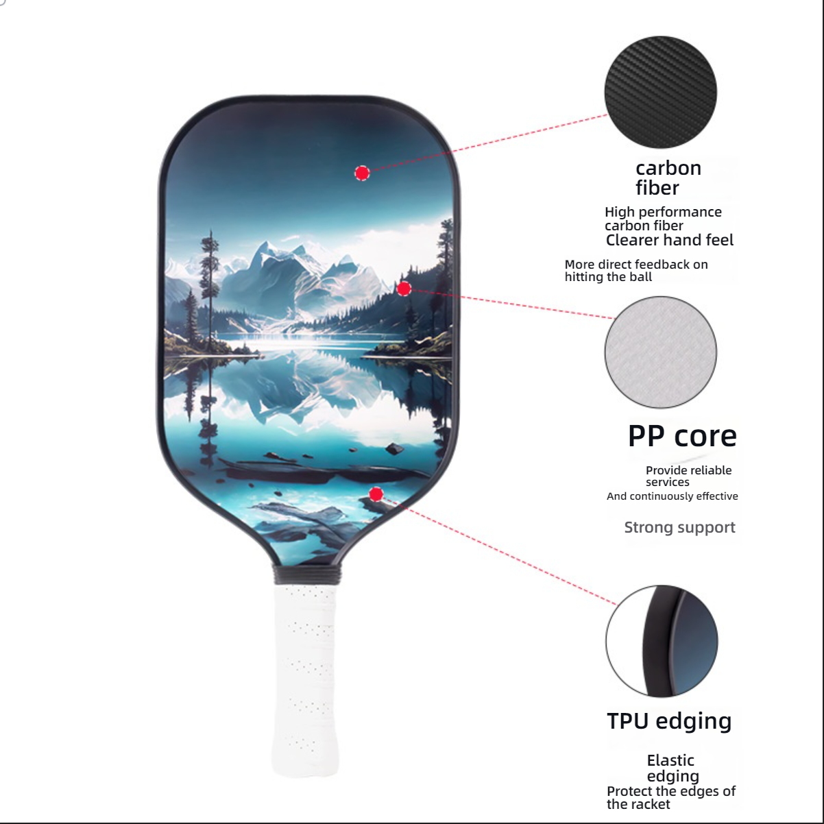 Pickleball paddle material composition and landscape design. The paddle face is printed with a serene mountain and lake landscape design. Emphasizes carbon fiber for clearer hand feel and more direct feedback on hitting the ball, PP core for strong support, and TPU edging to protect the edges of the racket. 