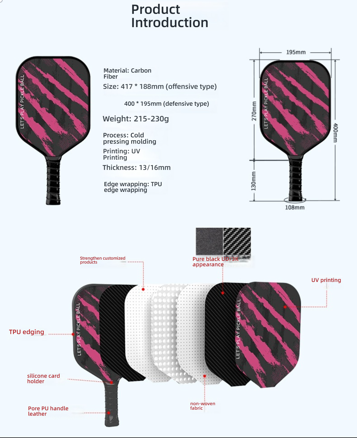 Pickleball paddle specifications and structural details. Shows offensive size as 417 \times 188\{mm}, defensive as 400 \times 195\{mm}, weight 215-230\{g}, thickness 13/16\{mm}, and carbon fiber material. Features a pink stripe pattern, illustrating TPU edging and the layered structure.