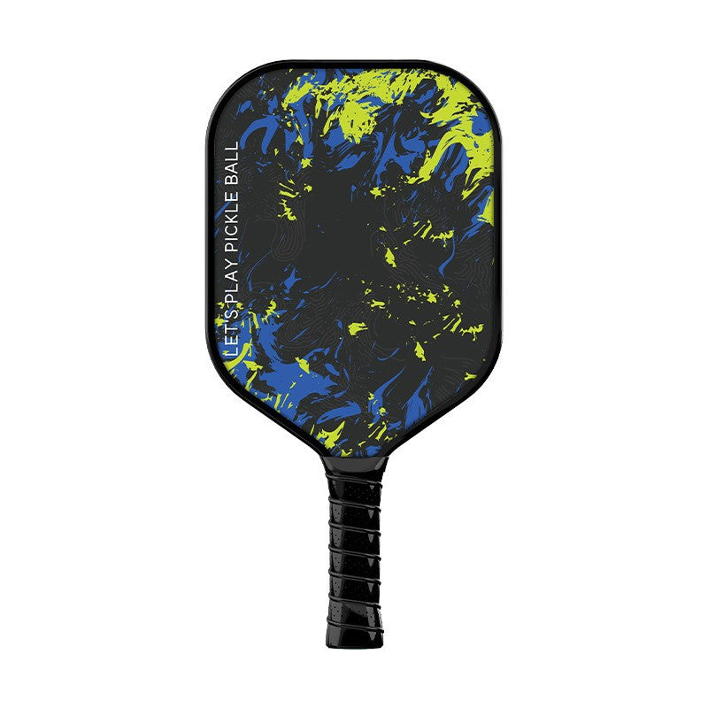 Defensive type pickleball paddle featuring a black base color combined with a bold blue and yellow abstract graffiti pattern.