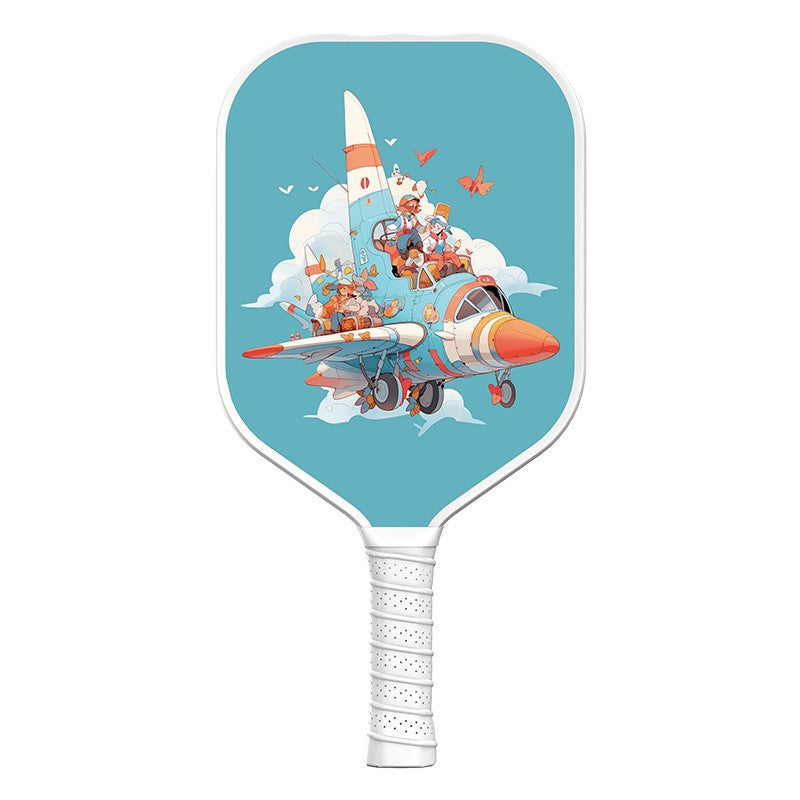 Defensive type pickleball paddle with a sky-blue background and a cute cartoon airplane and character design. USP: Family/Children theme, suitable for beginners and families. Features a white grip.