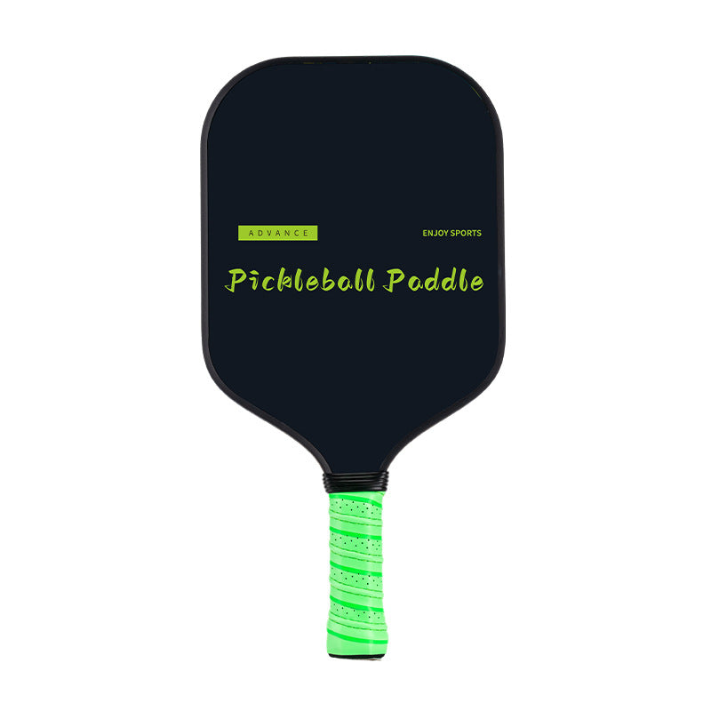Defensive type pickleball paddle with a solid black face, featuring "ADVANCE ENJOY SPORTS" and green "Pickleball Paddle" text. The grip is bright fluorescent green.