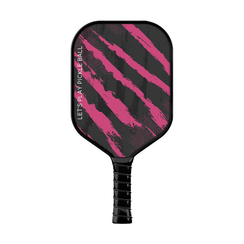 A defensive pickleball paddle with a black face and rugged pink diagonal stripes, featuring "LET'S PLAY PICKLEBALL" on the side. This design combines fashion and utility, suitable for beginners or children looking where to buy a pickleball paddle, and is a stylish choice for which pickleball paddle to buy.