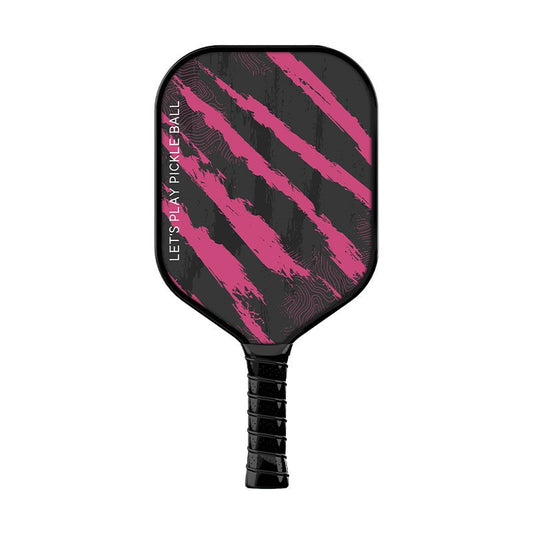 A defensive pickleball paddle with a black face and rugged pink diagonal stripes, featuring "LET'S PLAY PICKLEBALL" on the side. This design combines fashion and utility, suitable for beginners or children looking where to buy a pickleball paddle, and is a stylish choice for which pickleball paddle to buy.