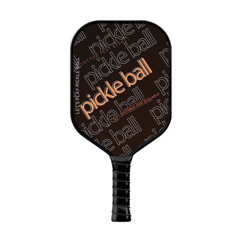 A defensive pickleball paddle with a brown and black repeating "pickleball" vector text effect covering the face. This is a specification compliant paddle, useful for beginners to learn how do i choose a pickleball paddle for beginners and where to find where can i buy pickleball paddles.