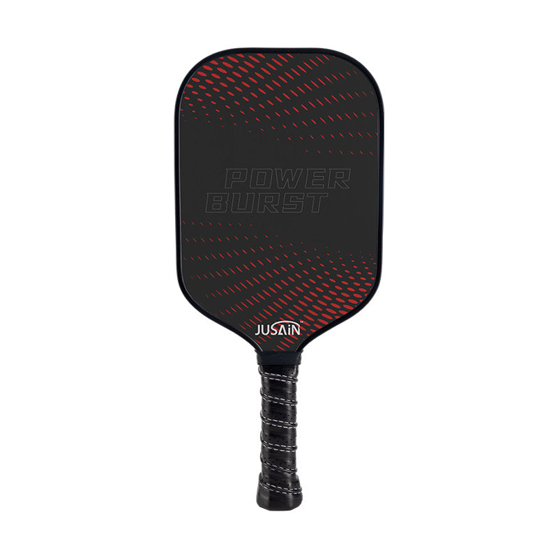 A black and red "POWER BURST" patterned carbon fiber pickleball paddle with a black grip. Emphasizes power, suitable for aggressive players asking what is the best pickleball paddle.