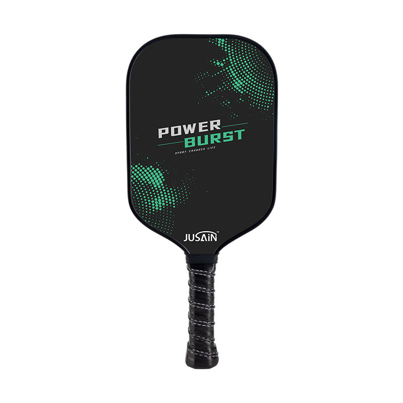A black and green "POWER BURST" patterned carbon fiber pickleball paddle with a black grip. Emphasizes power, ideal for power players asking what is the best paddle for pickleball.
