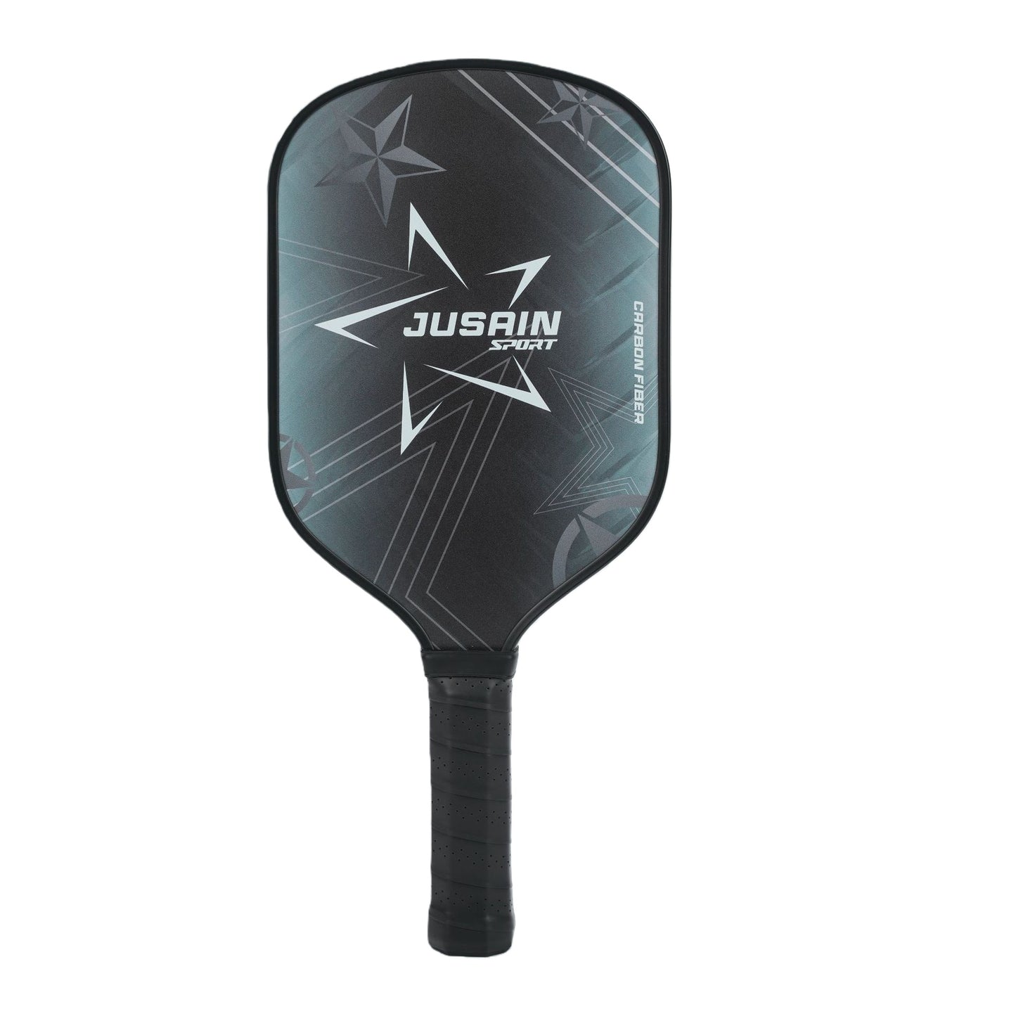 A black/dark, star-patterned carbon fiber pickleball paddle (JUSAIN SPORT) with a black grip. A sleek design for beginners (JUSAIN SPORT) looking for where to buy pickleball paddles.