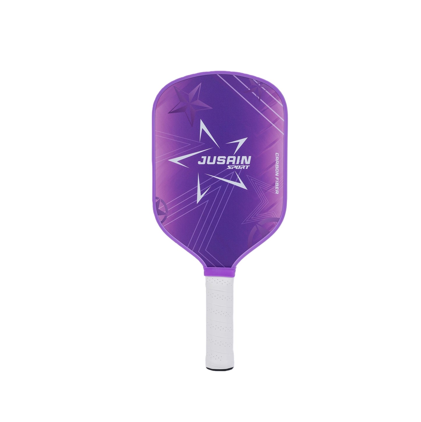 A carbon fiber pickleball paddle with a purple star pattern and a white handle.  Suitable for fashion-conscious women or children looking for a pickleball paddle.