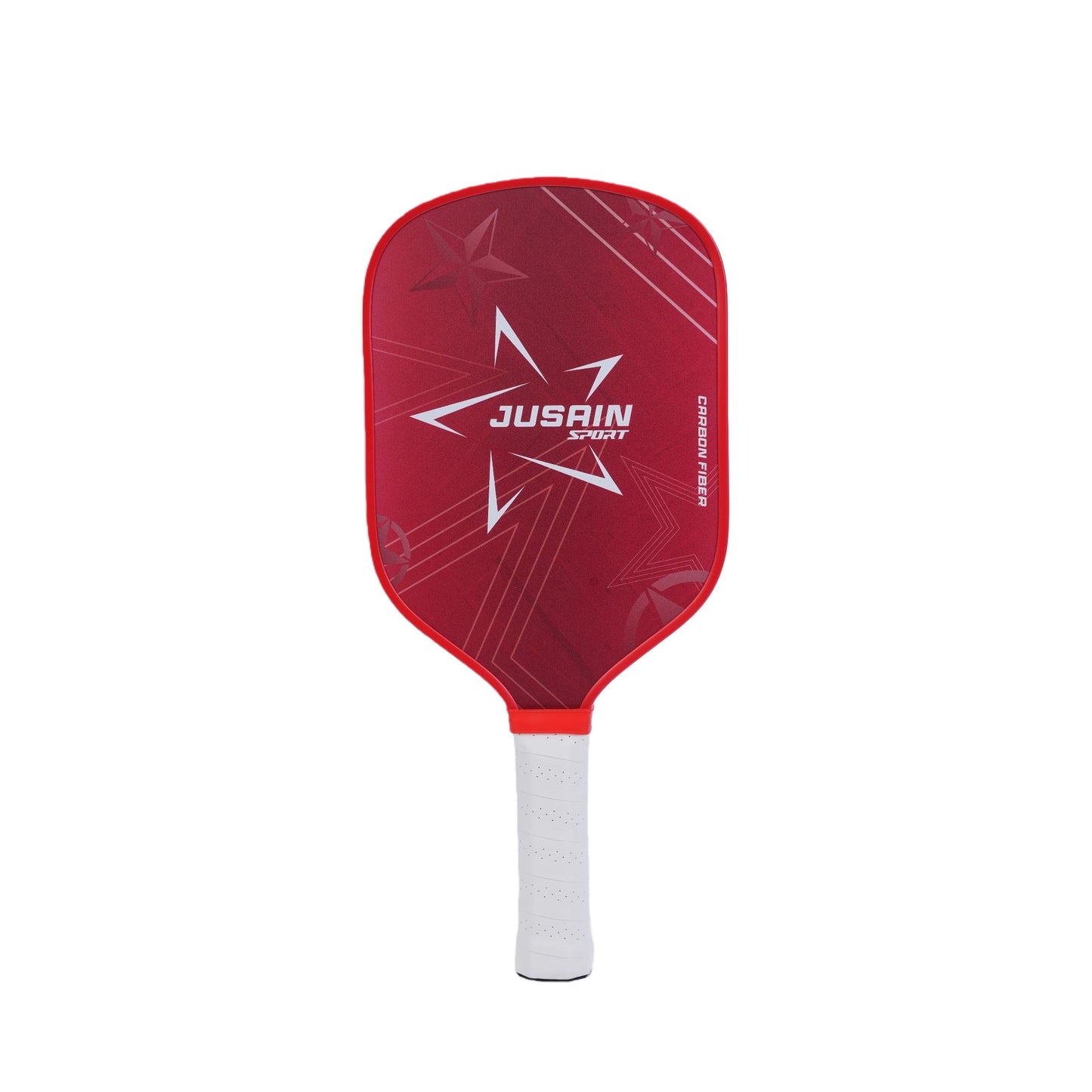 A red, star-patterned carbon fiber pickleball paddle with a white handle.  Suitable for beginners and children, and also for those wondering where to buy brightly designed pickleball paddles.
