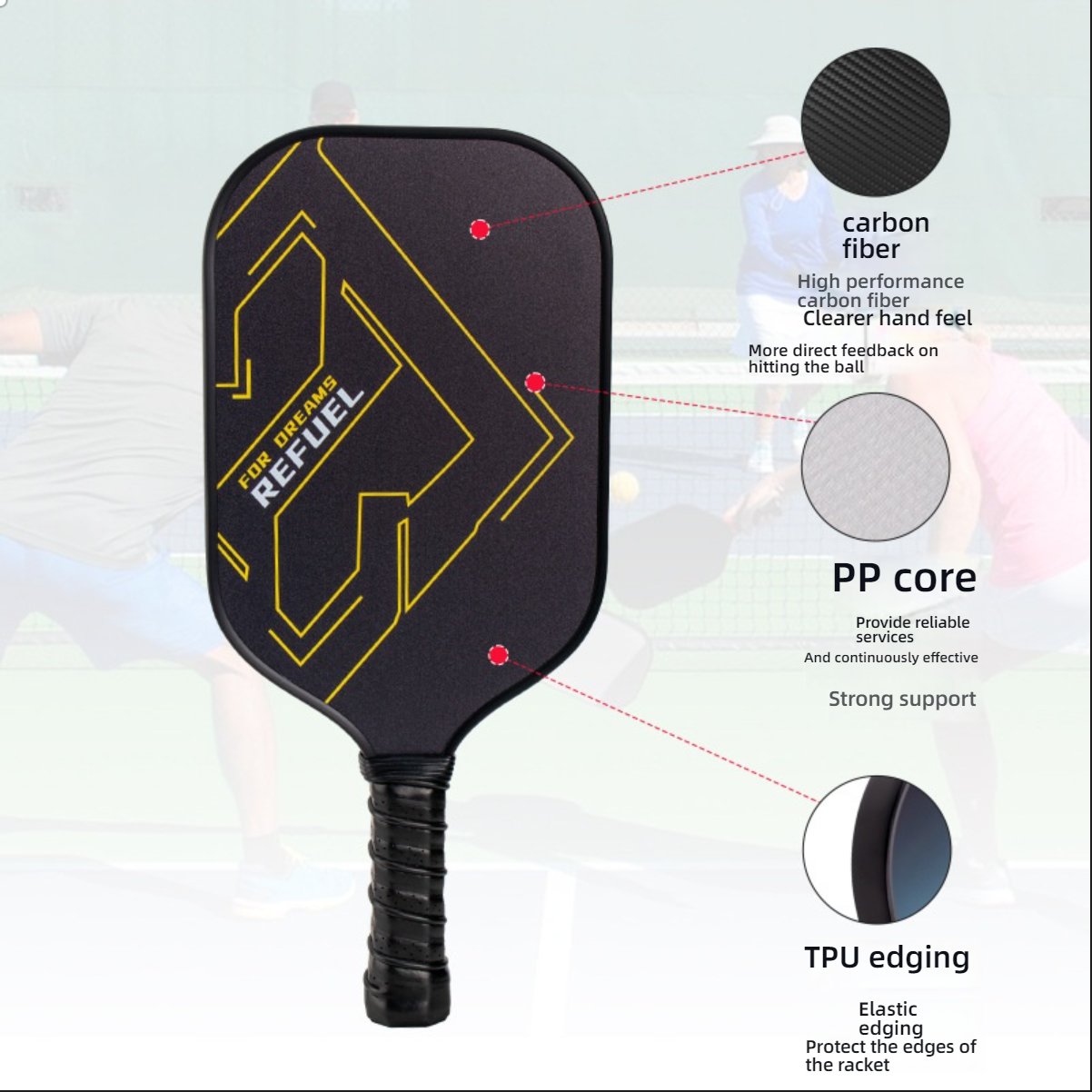 Structure diagram of a black and yellow geometric pickleball paddle: high-performance carbon fiber face, PP core for strong support, and elastic TPU edging. Guides users on how do i choose a pickleball paddle for beginners.