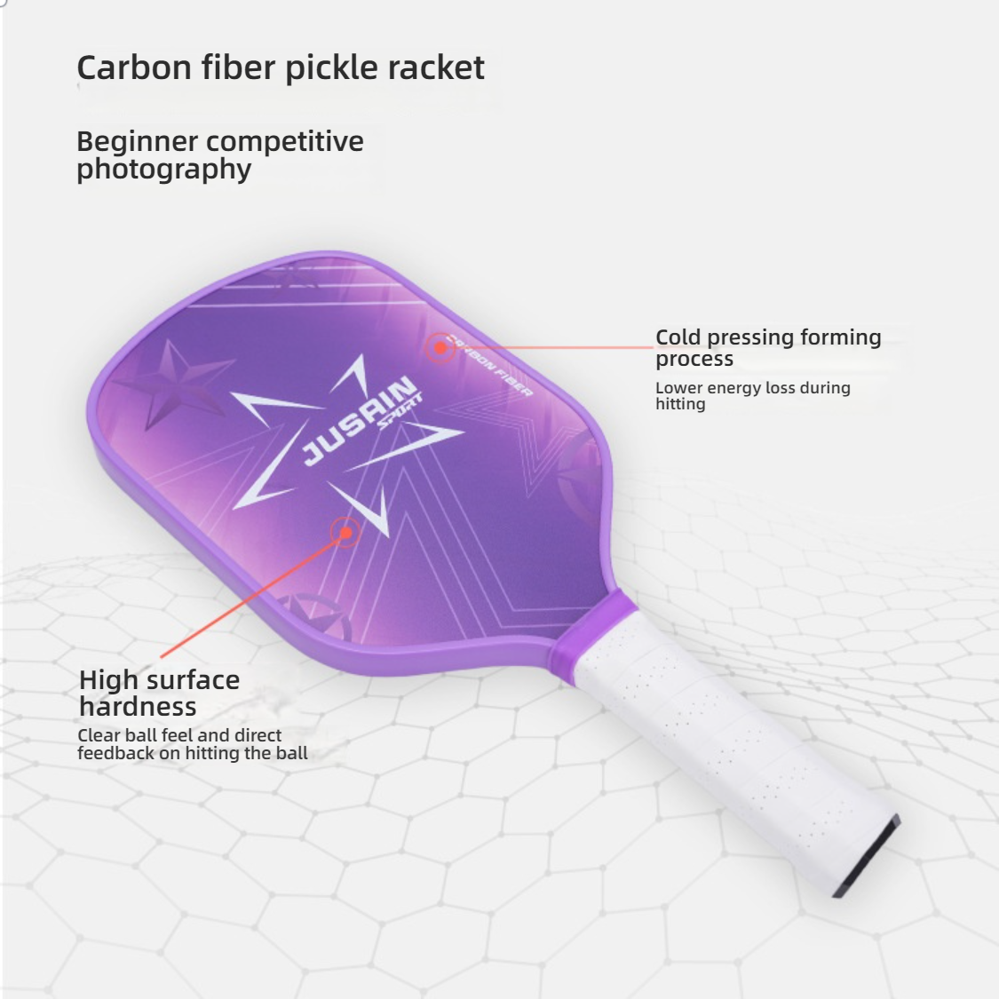XEPHIRA Pickleball Paddle Features: High Surface Hardness & Cold Pressing: The image shows a side view of the purple pickleball paddle, highlighting two key features: High surface hardness, which provides clear ball feel and direct feedback; and the Cold pressing forming process, which results in lower energy loss during hitting. These details explain what makes a pickleball paddle good, especially for beginners seeking good feedback.