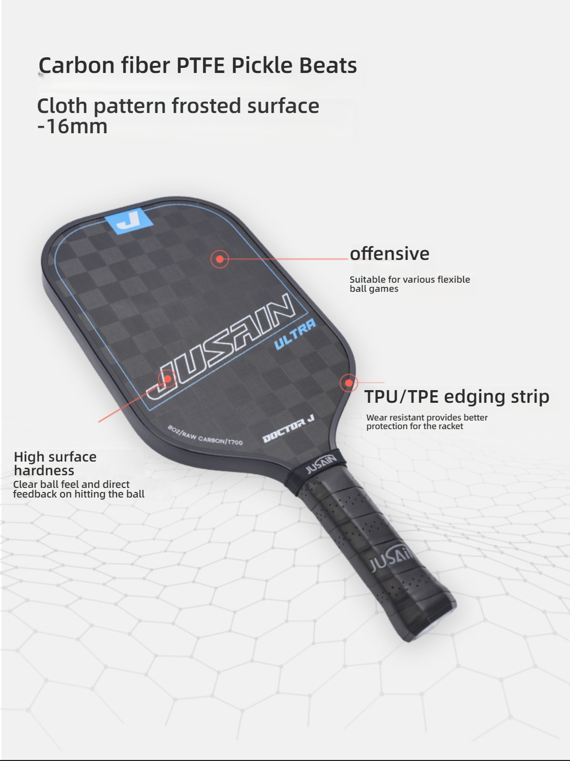 Features diagram of the JUSAIN ULTRA 16mm paddle, highlighting offensive, TPU/TPE edging strip (USP: wear-resistant protection) and High surface hardness. Helps users understand what is a good pickleball paddle for beginners (offensive paddle).