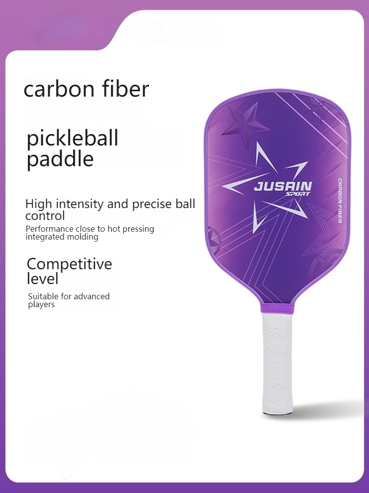XEPHIRA Pickleball Paddle (Competitive Level): The image shows the purple pickleball paddle and its product positioning. This carbon fiber pickleball paddle features High intensity and precise ball control, with performance close to hot-pressing integrated molding. It is positioned at a Competitive level, suitable for advanced players. This is an ideal choice for advanced players asking which pickleball paddle to buy.