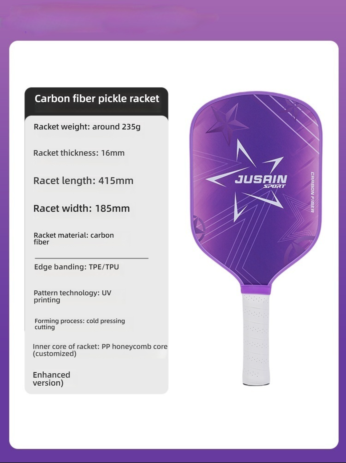 XEPHIRA Pickleball Paddle Specifications (Star Purple): The image displays the purple pickleball paddle and its key specifications, including: Racket weight: around 235g, Racket thickness: 16mm, Racet length: 415mm, and Racet width: 185mm. The surface material is carbon fiber, and the core is PP honeycomb core (customized, enhanced version). These specs help users determine which pickleball paddle is best for me, particularly suitable for beginners.