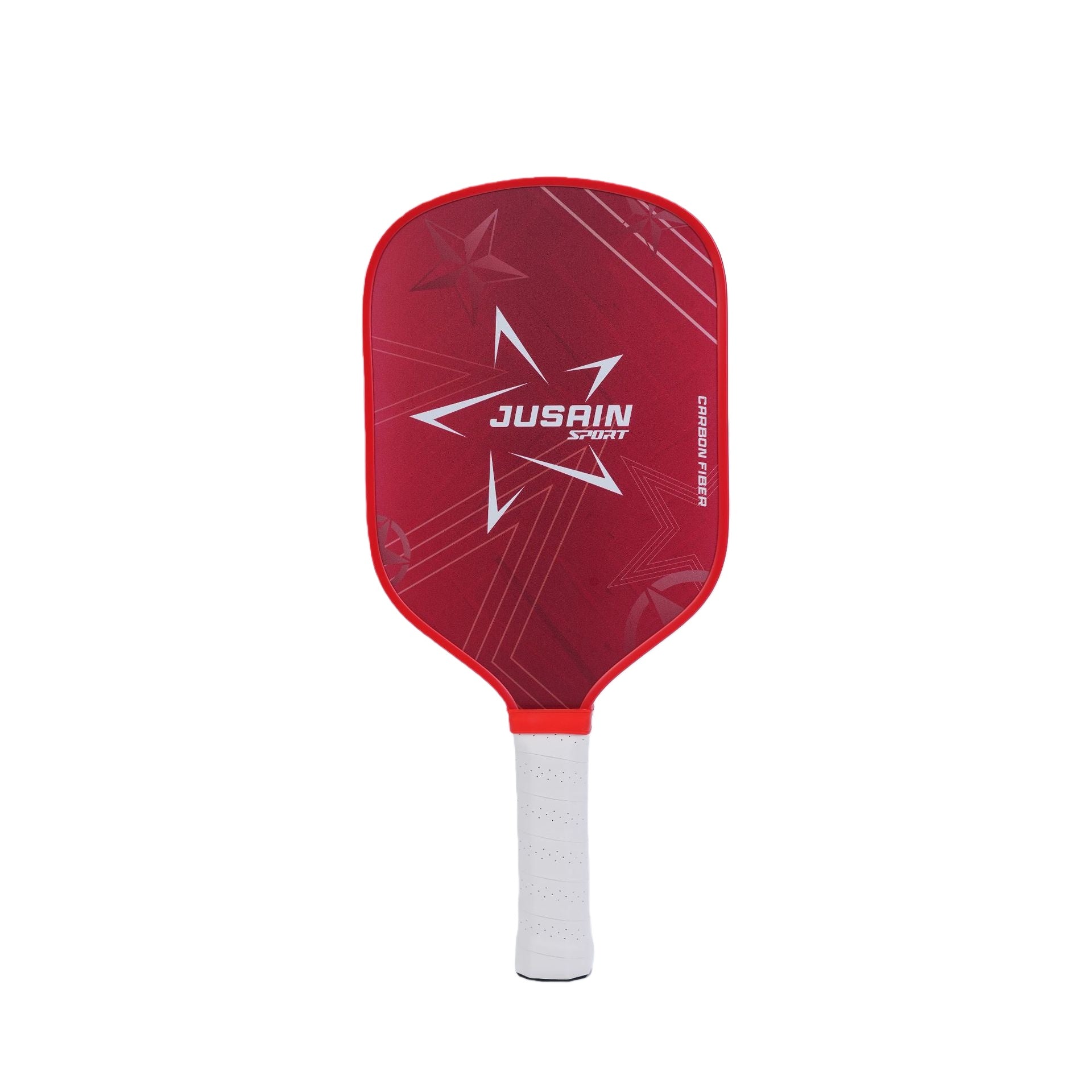XEPHIRA Pickleball Paddle (Star Red): A clear close-up photo showcasing a red carbon fiber pickleball paddle with "JUSAIN SPORT" (original brand name in image) and white star graphics. This is a what is the best pickleball paddle. It has a white perforated grip. This paddle is designed for advanced players, offering a great feel for how to hold a pickleball paddle.