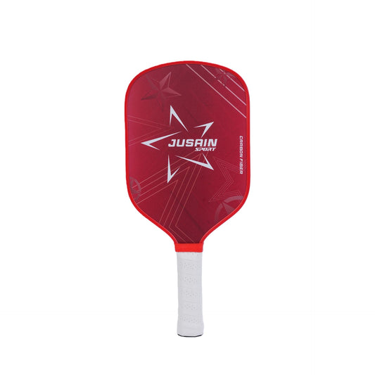 XEPHIRA Pickleball Paddle (Star Red): A clear close-up photo showcasing a red carbon fiber pickleball paddle with "JUSAIN SPORT" (original brand name in image) and white star graphics. This is a what is the best pickleball paddle. It has a white perforated grip. This paddle is designed for advanced players, offering a great feel for how to hold a pickleball paddle.