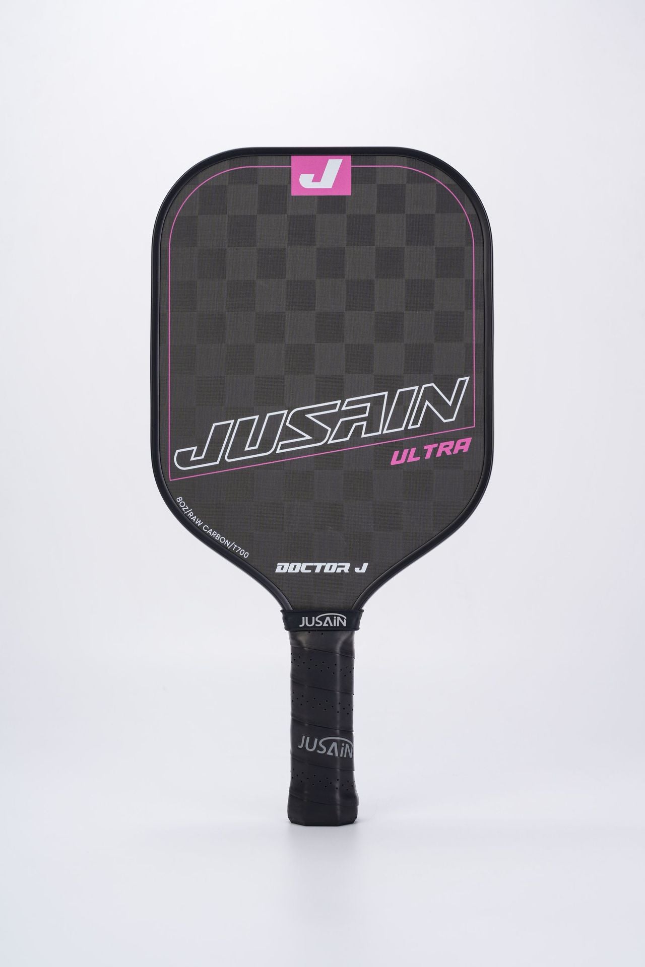 Full front view of the JUSSAIN ULTRA pickleball paddle featuring a black carbon fiber surface with pink accent lines and branding. This is a striking option when exploring where to buy pickleball paddles, with a unique design suitable for players seeking a distinctive look.