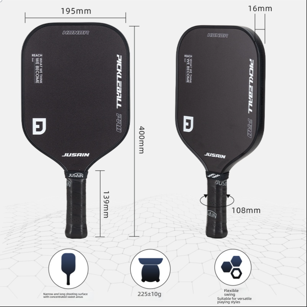 JUSAIN Pickleball PRO Specifications and Dimensions Diagram, showing detailed parameters: 195mm width, 400mm length, 139mm handle length, 16mm thickness. Weight is $225 \pm 10g$. Highlights its narrow and long shooting surface (concentrated sweet areas) and flexible swing (suitable for versatile playing styles). These specs help users determine which pickleball