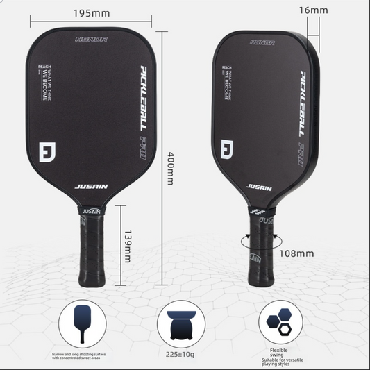 JUSAIN Pickleball PRO Specifications and Dimensions Diagram, showing detailed parameters: 195mm width, 400mm length, 139mm handle length, 16mm thickness. Weight is $225 \pm 10g$. Highlights its narrow and long shooting surface (concentrated sweet areas) and flexible swing (suitable for versatile playing styles). These specs help users determine which pickleball