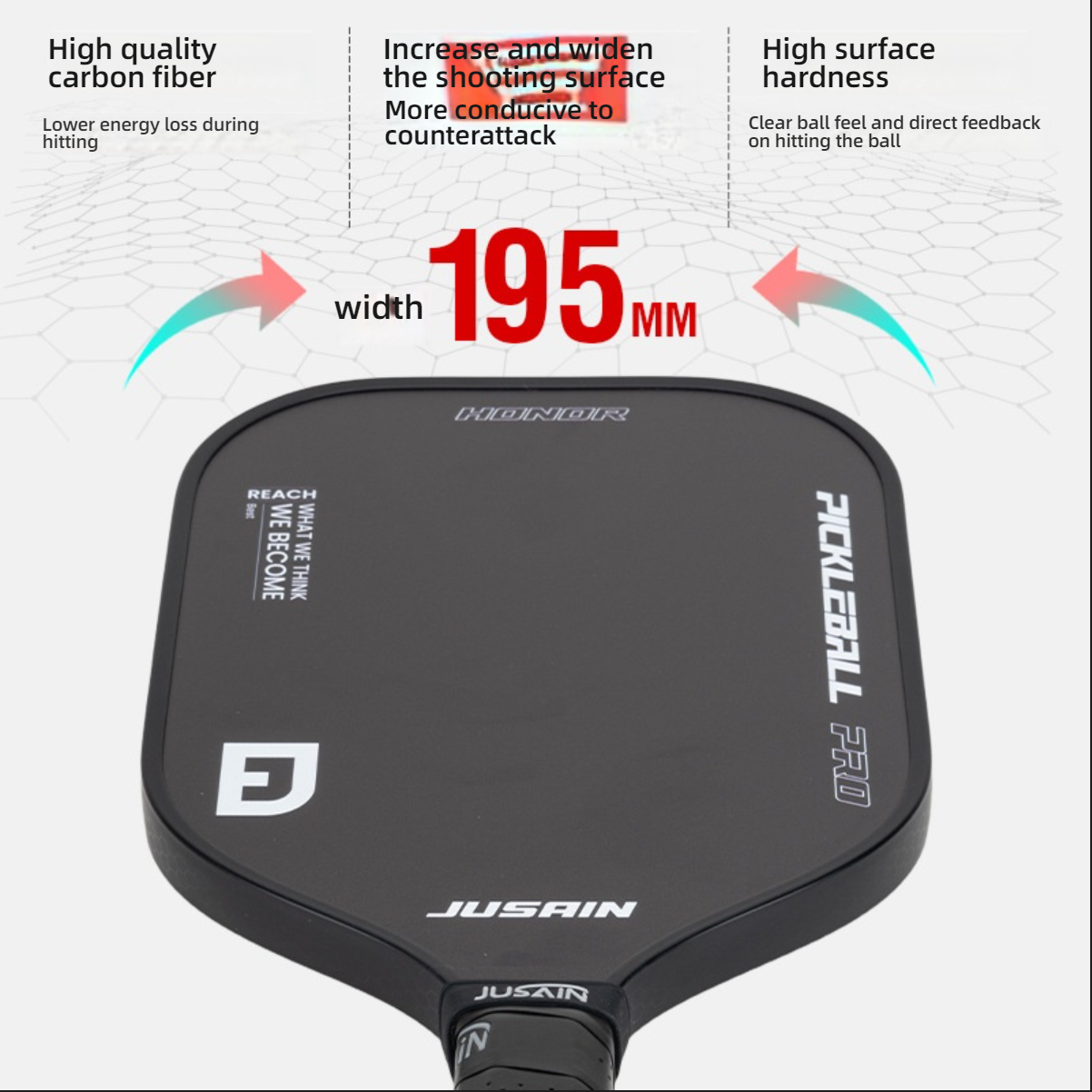 JUSAIN Pickleball PRO Paddle Close-up, highlighting its 195mm width, emphasizing high-quality carbon fiber and high surface hardness, which helps to increase the shooting surface, making it more conducive to counterattack, and providing clear ball feel and direct feedback. Addresses the benefits of what is a good pickleball paddle (wide face, high hardness).