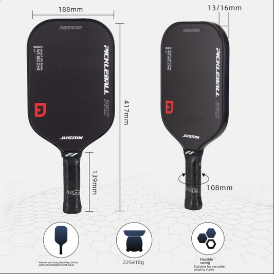 Product Specification Display: Black JUSAIN Pickleball PRO paddle showing dimensions. Total length 417 \{mm}, width 188 \{mm}, handle length 139 \{mm}, weight 225 \pm 10 \{g} [where to buy pickleball paddles]