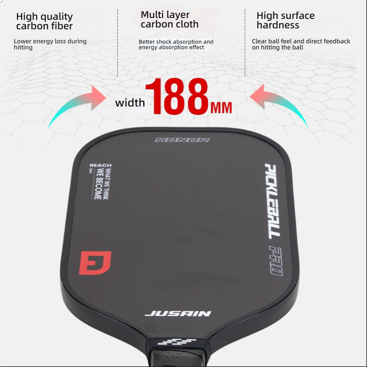 Paddle Surface Material Detail: Close-up of the paddle face, showing $188 \text{mm}$ width. Highlights High quality carbon fiber (lower energy loss), Multi layer carbon cloth (better shock absorption and energy absorption effect), and High surface hardness (clear ball feel and direct feedback). Applicable for: what is a good pickleball paddle [where can I buy pickleball paddles]
