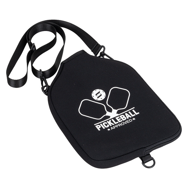 Black neoprene single paddle cover with shoulder strap and logo. Where to buy pickleball paddles and carry bags.