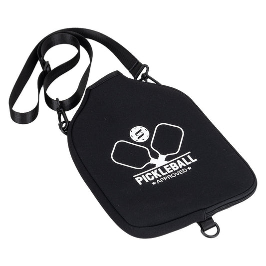 Black neoprene single paddle cover with shoulder strap and logo. Where to buy pickleball paddles and carry bags.