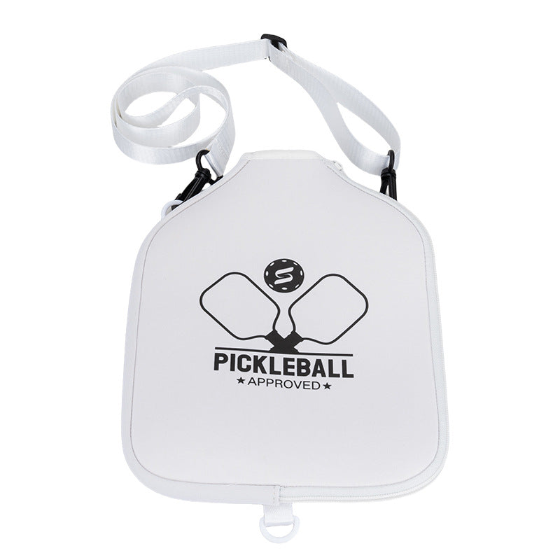White neoprene single paddle cover with shoulder strap and logo. What is the best pickleball paddle for beginners.