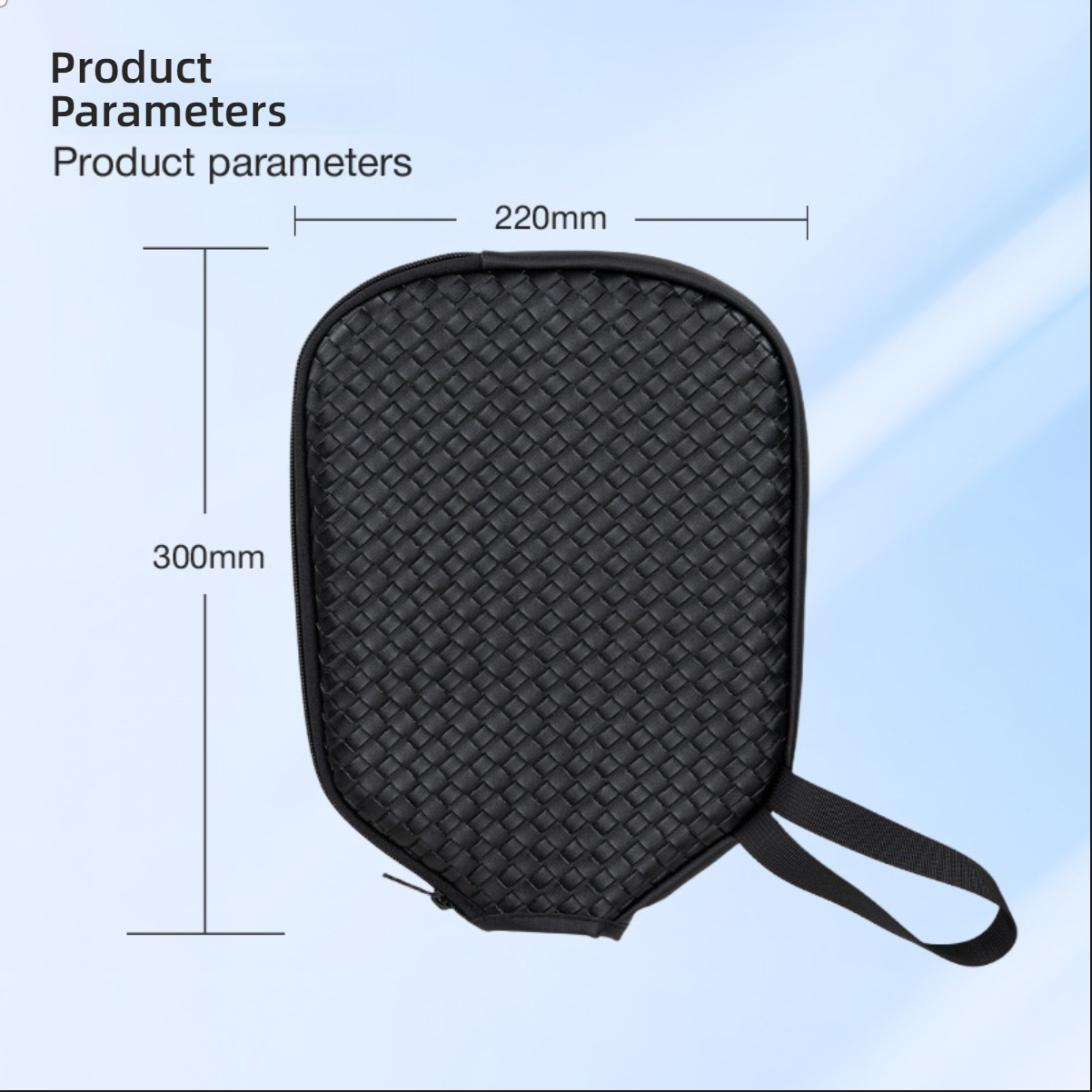 Black woven PU single paddle cover with dimensions. Protects the best pickleball paddle.