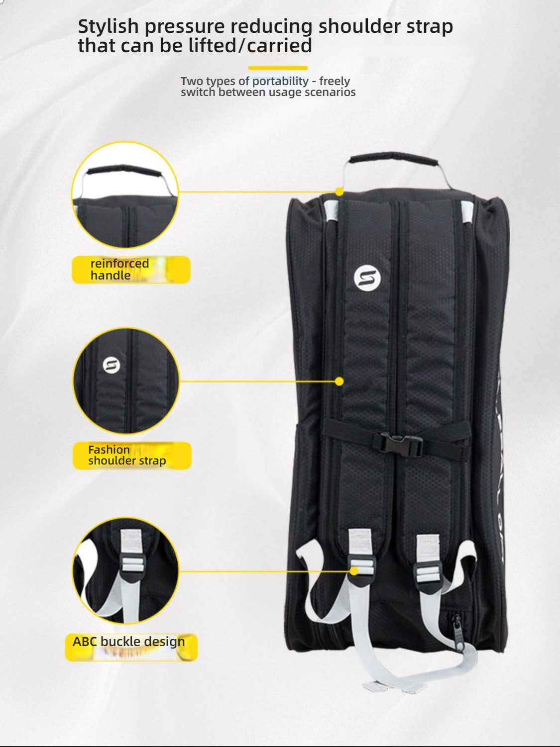 Back view of the backpack showing pressure-reducing shoulder strap, reinforced handle, and ABC buckle design. How to hold a pickleball paddle.