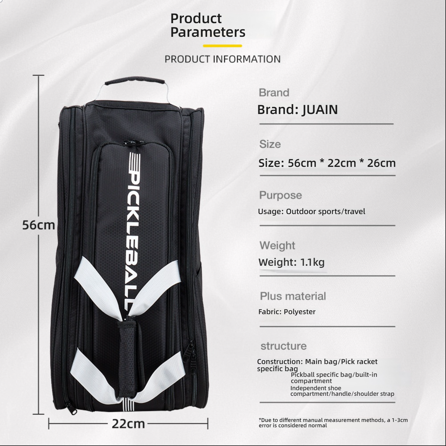 Product parameters: 56cm x 22cm x 26cm, 1.1kg, Polyester fabric. Where to buy pickleball paddles and large bags.