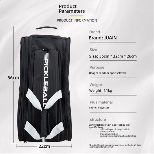 Product parameters: 56cm x 22cm x 26cm, 1.1kg, Polyester fabric. Where to buy pickleball paddles and large bags.