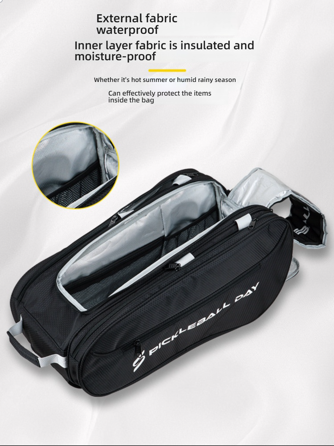Open view showing waterproof exterior and insulated, moisture-proof inner layer. What material is best for pickleball paddles and bags.