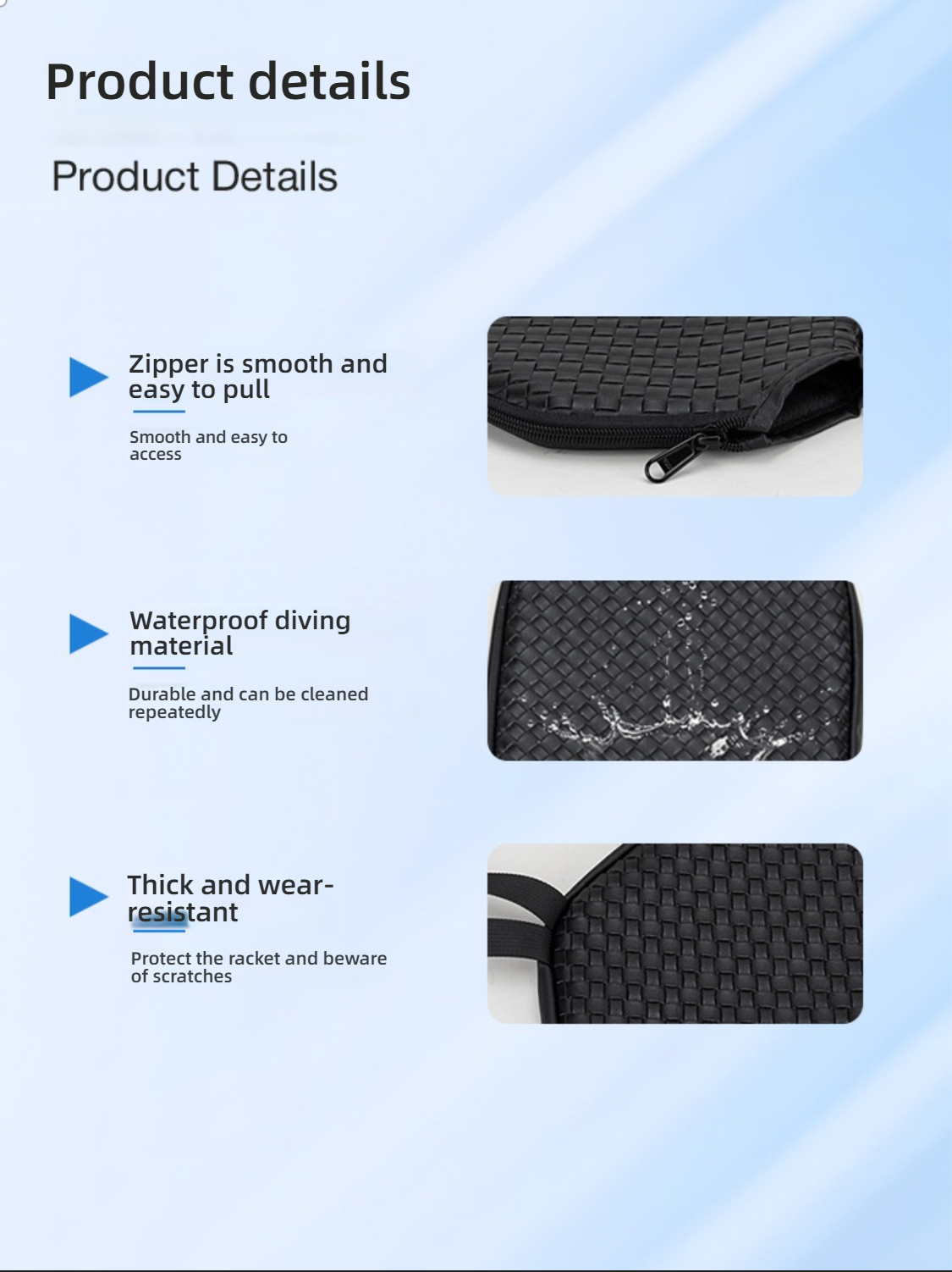 Product details showing smooth zipper, waterproof diving material, and thick wear-resistant fabric.
