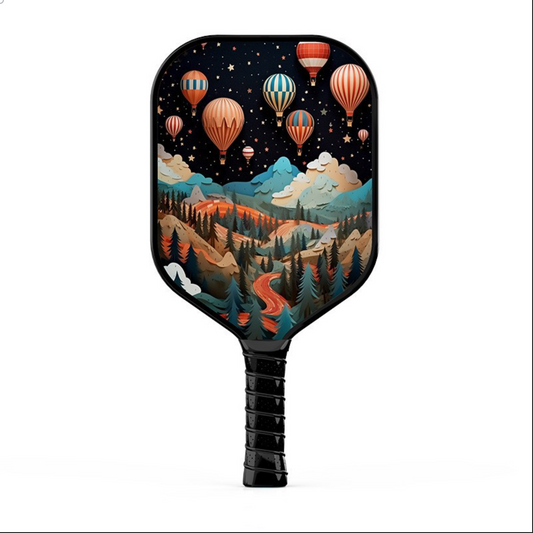 Xephira beginner pickleball paddle, hot air balloon and mountain night sky art graphic, high-quality fiberglass.